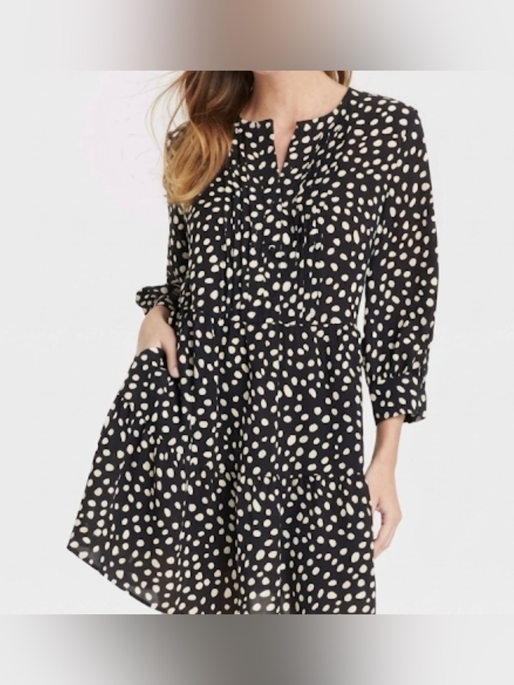 Who What Wear Black and White Polka Dot Long Sleeve Tiered Dress